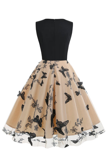 Noir V-Neck Vintage 1950s Robe avec Appliques